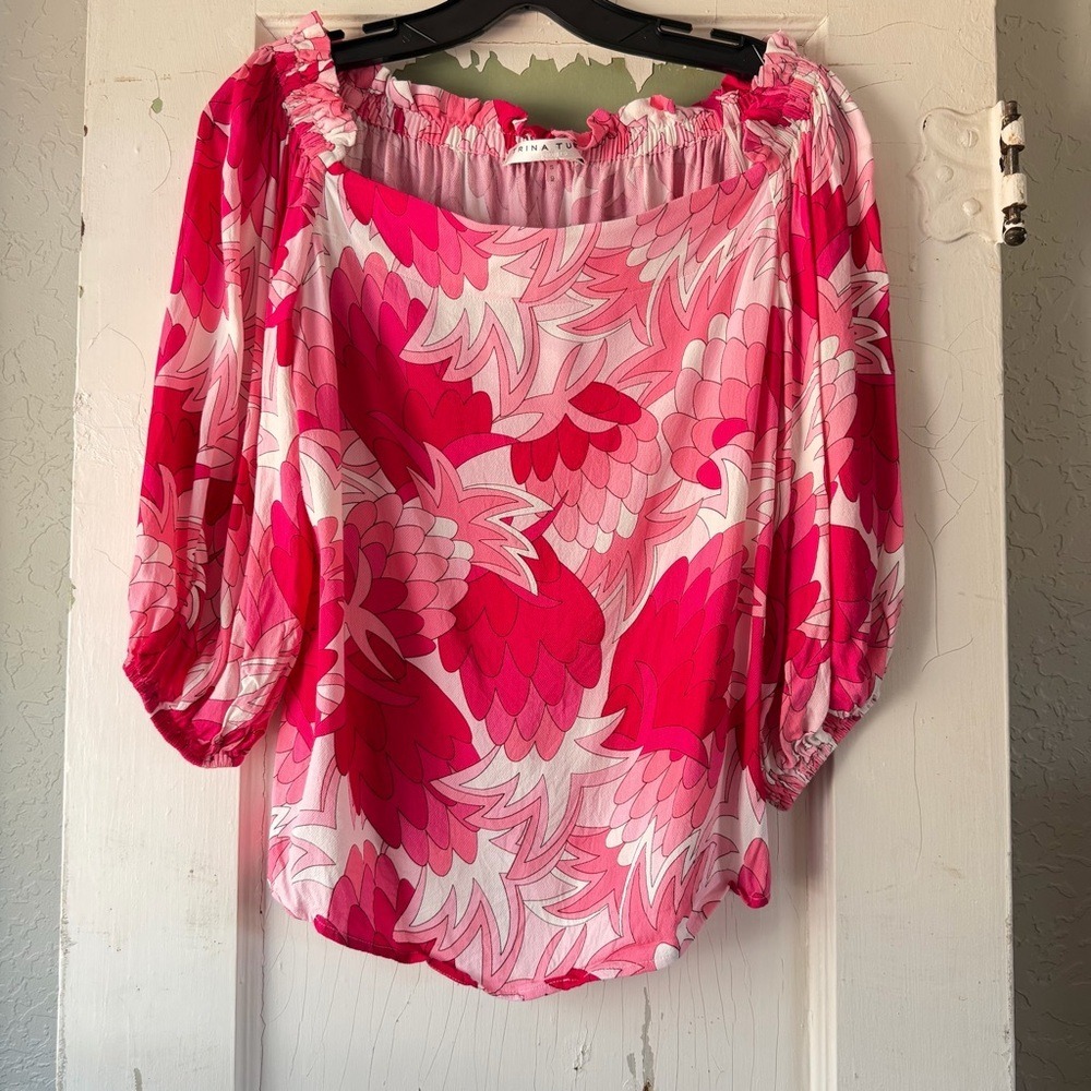 Trina Turk Pink White Floral Blouse Small Rayon Puff Sleeve Square Neck Top
